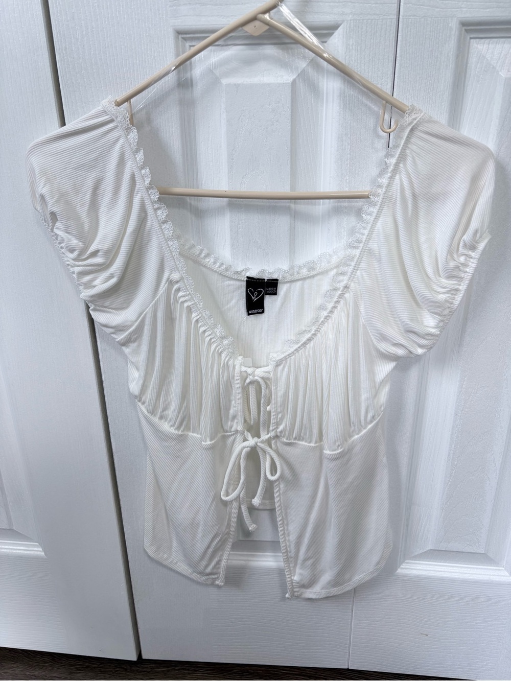 Windsor White Tie-Front Lace Trim Crop Top